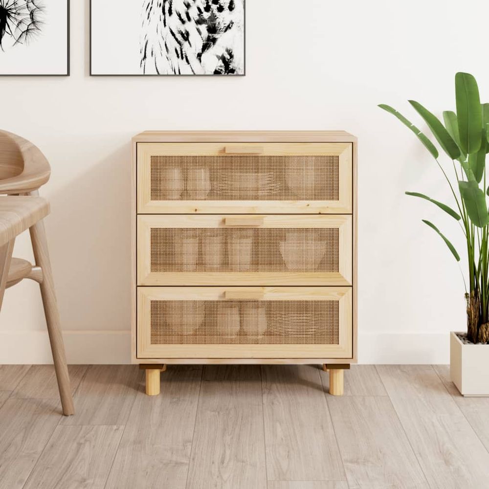 Sideboard White 60x30x70 cm Solid Wood Pine and Natural Rattan - anydaydirect