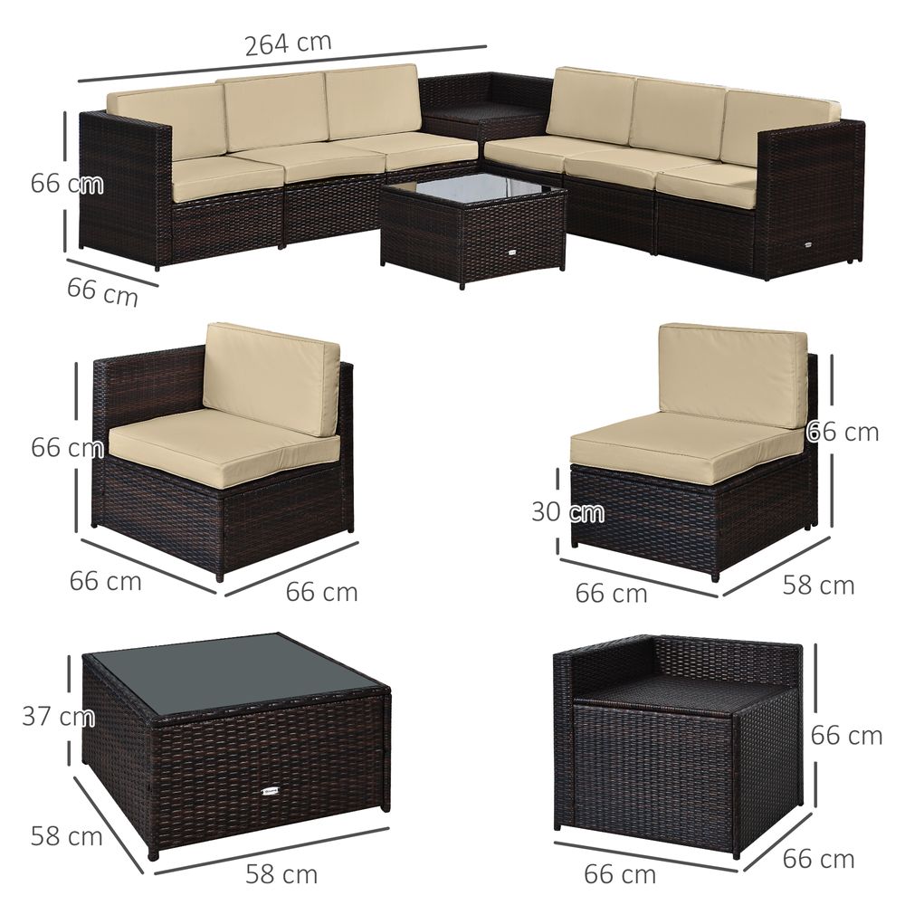 Outsunny 6-Seater Rattan Sofa Furniture Set W/Cushions, Steel Frame-Brown - anydaydirect