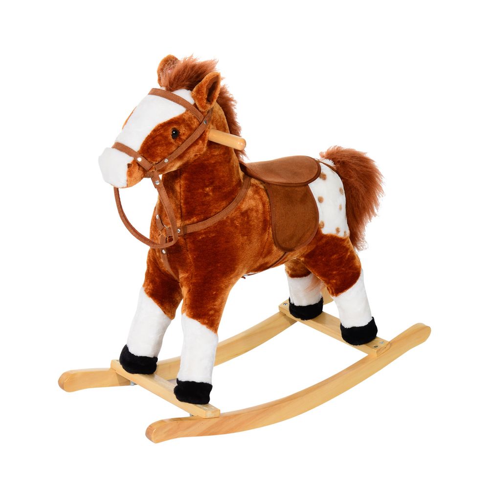 Rocking Horse Toy Plush Wood Pony Riding Rocker Neigh Sound Brown - anydaydirect