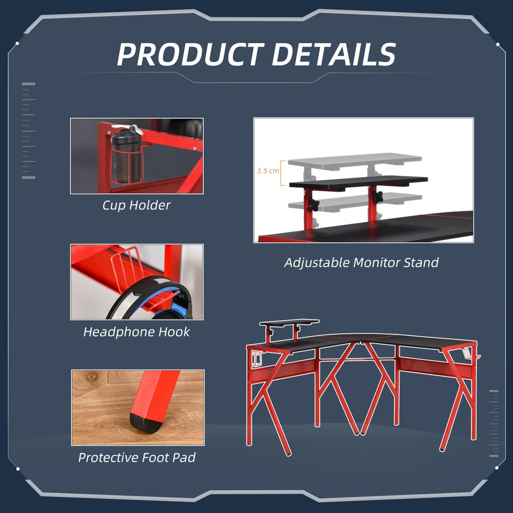 Gaming Desk L-ShapedPC Workstations Monitor Stand 49.25" x 49.25" x 29.5" Red - anydaydirect