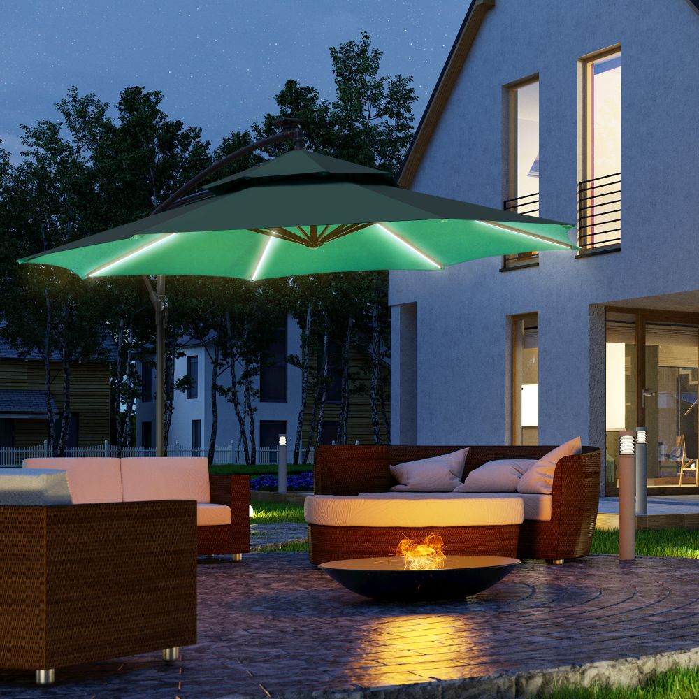 3m Cantilever Banana Parasol Double Roof, LED Solar Crank Green - anydaydirect