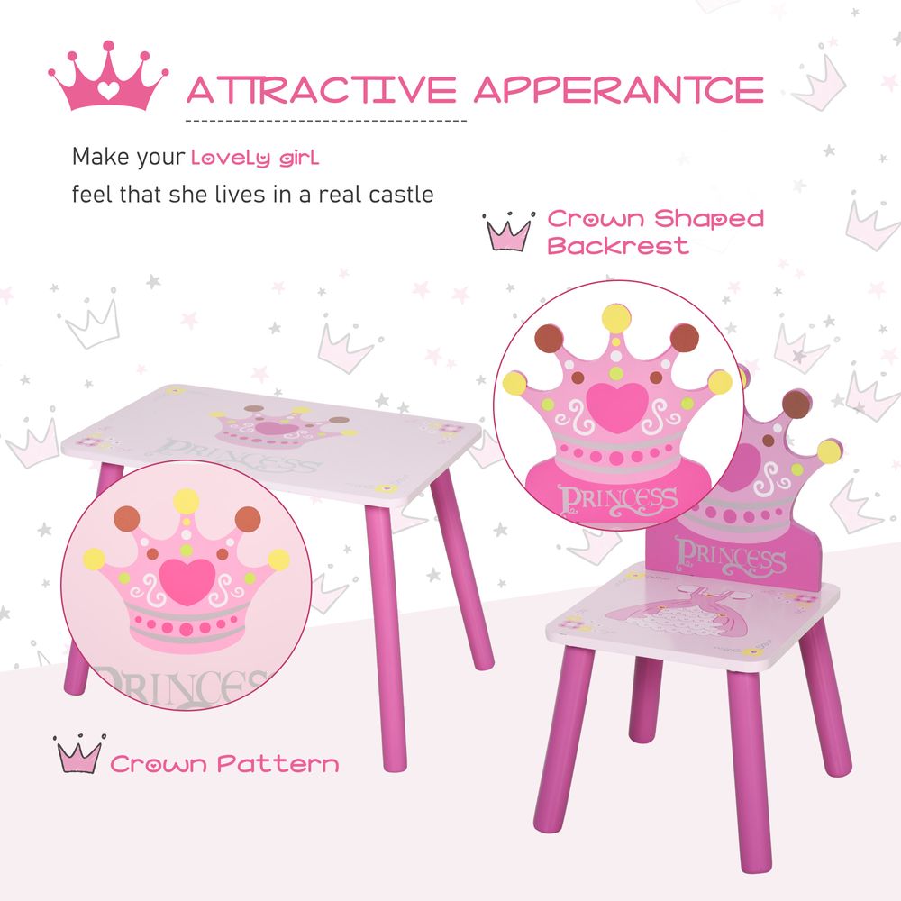 3 Pcs Kids Princess & Crown Chair Table Set Home Furniture 2-4 Yrs Pink HOMCOM - anydaydirect