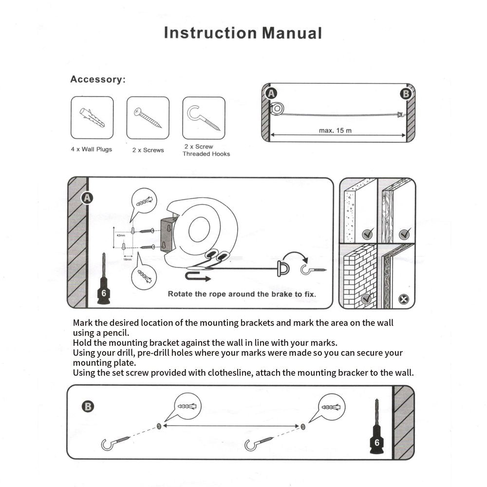 Retractable Washing Line with Twin Cable - 30m of Drying Space White - anydaydirect