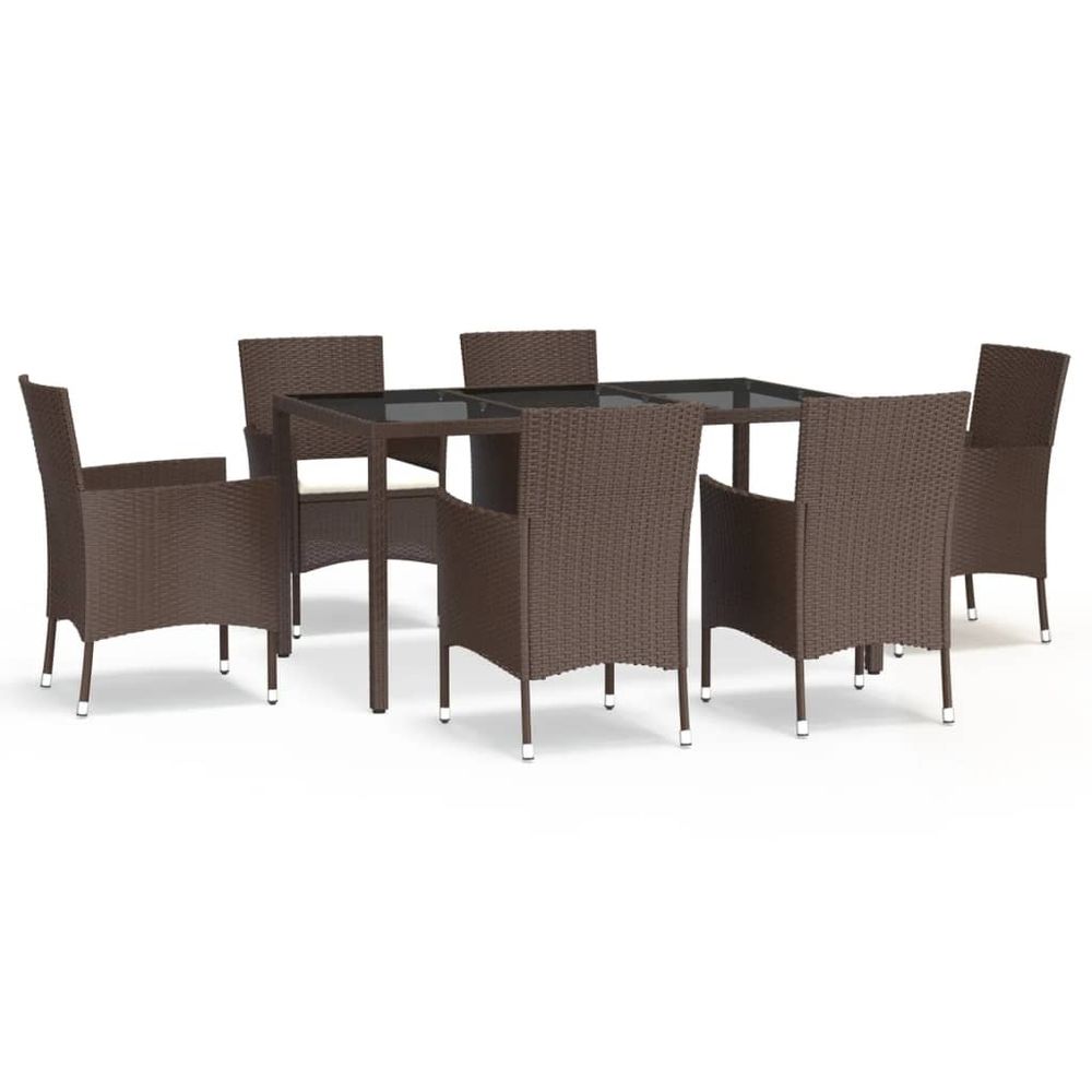 vidaXL 7 Piece Garden Dining Set with Cushions Brown Poly Rattan - anydaydirect
