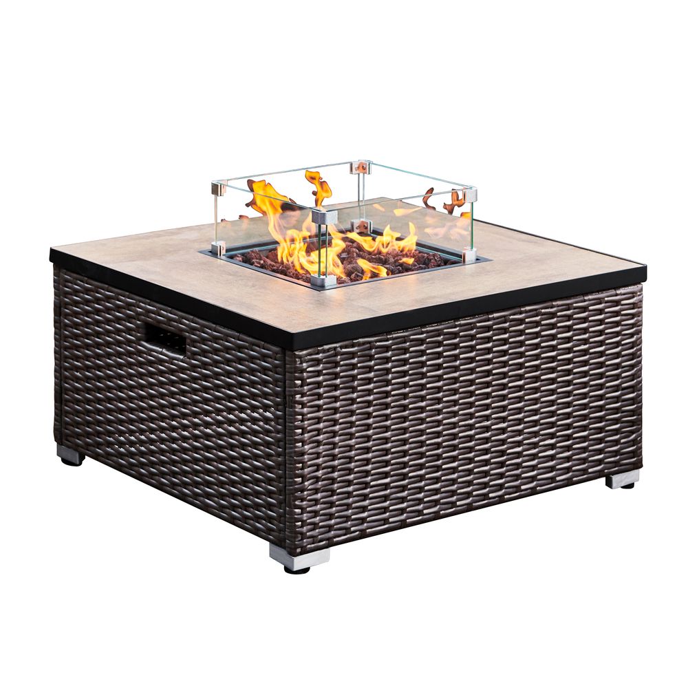 Outdoor Garden Rattan Gas Fire Pit Table with Screen, Rocks & Cover - anydaydirect