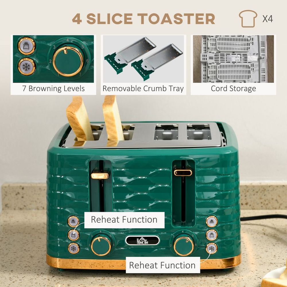 HOMCOM Kettle and Toaster Set 1.7L Rapid Boil Kettle & 4 Slice Toaster Green - anydaydirect