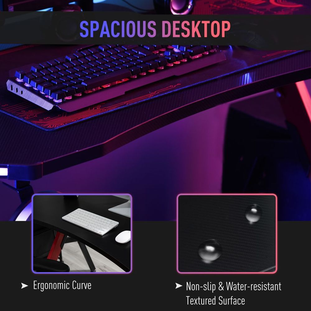 HOMCOM Ergonomic Gaming Desk with Hook Cup Holder LED & Cable Management, Red - anydaydirect
