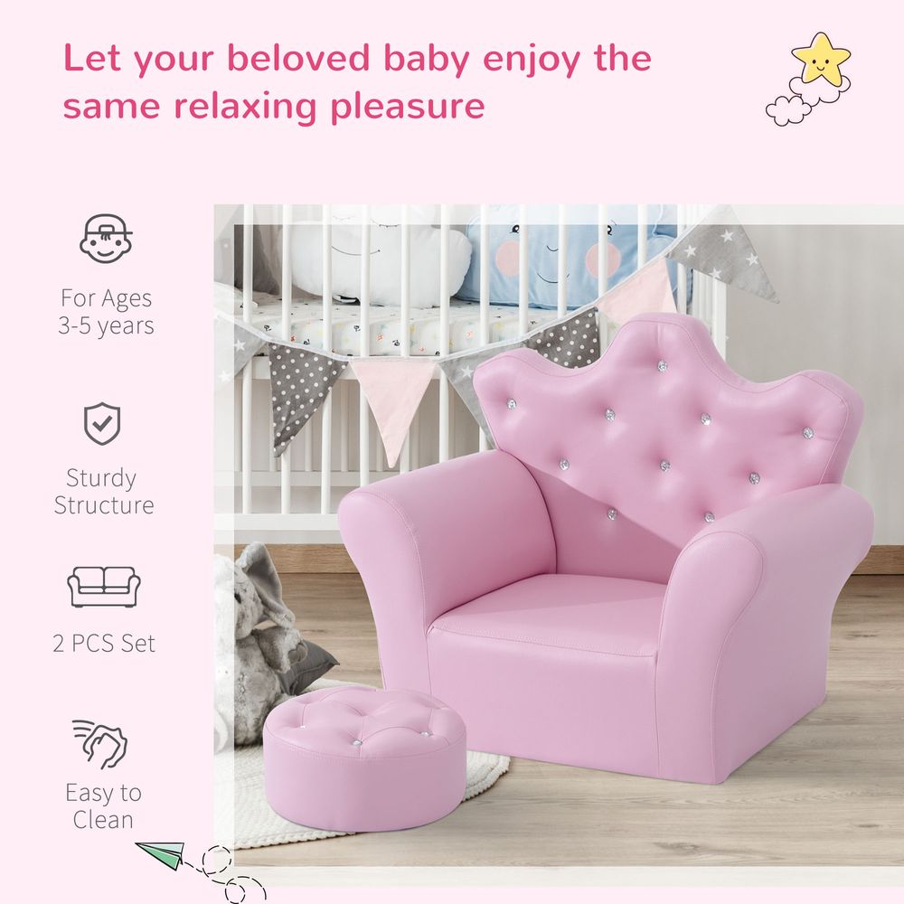 Children Kids Sofa Set Armchair Chair Seat With Free Footstool PU Leather Pink - anydaydirect