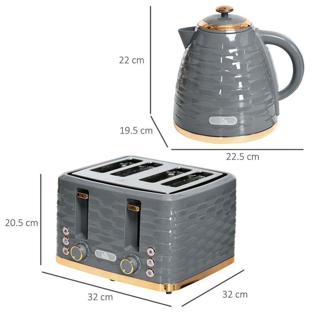 HOMCOM Kettle and Toaster Set 1.7L Rapid Boil Kettle & 4 Slice Toaster Grey - anydaydirect