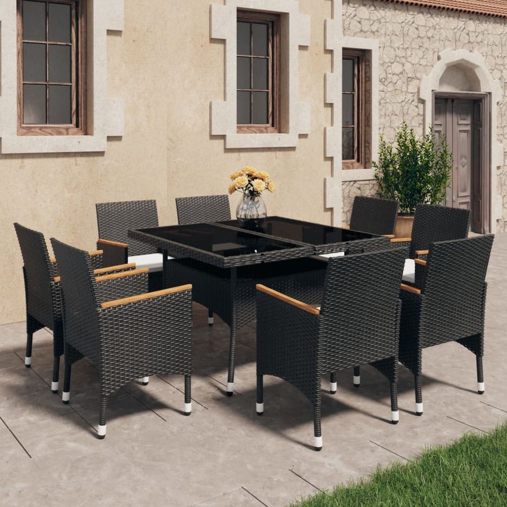 9 Piece Garden Dining Set Poly Rattan and Tempered Glass Black - anydaydirect