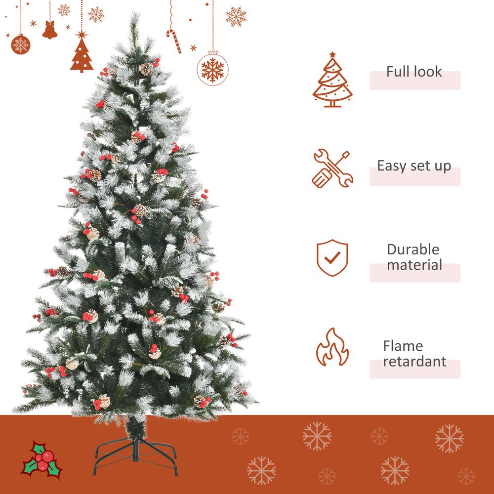 6FT Artificial SnowDipped Christmas Tree Foldable Berries White Pinecones Green - anydaydirect