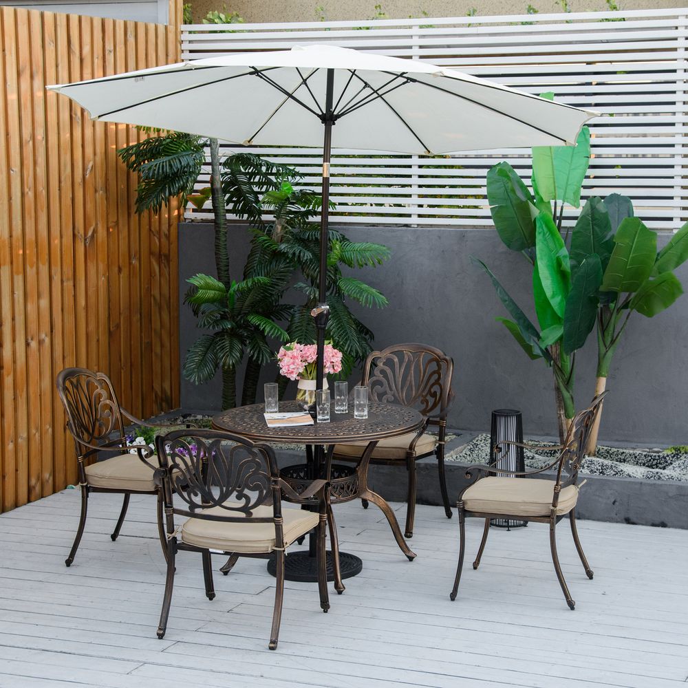 4 Seater Dining Set with Cushions Round Dining Table with Parasol Hole, Bronze - anydaydirect