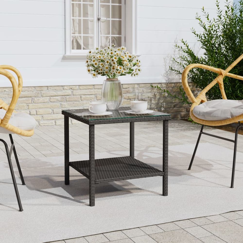 Side Table Black 45x45x45 cm Poly Rattan and Tempered Glass - anydaydirect