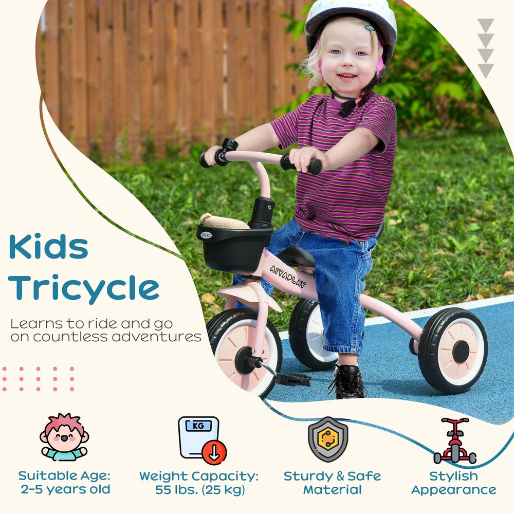 Kids Trike, Tricycle with Adjustable Seat, Basket, Bell for Ages 2-5 Years Pink - anydaydirect