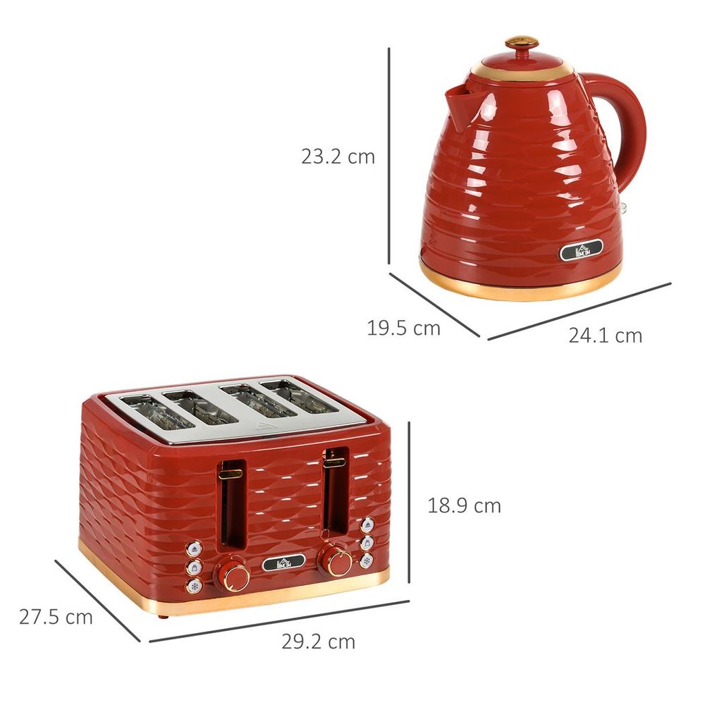 HOMCOM Kettle and Toaster Set 1.7L Rapid Boil Kettle & 4 Slice Toaster Red - anydaydirect