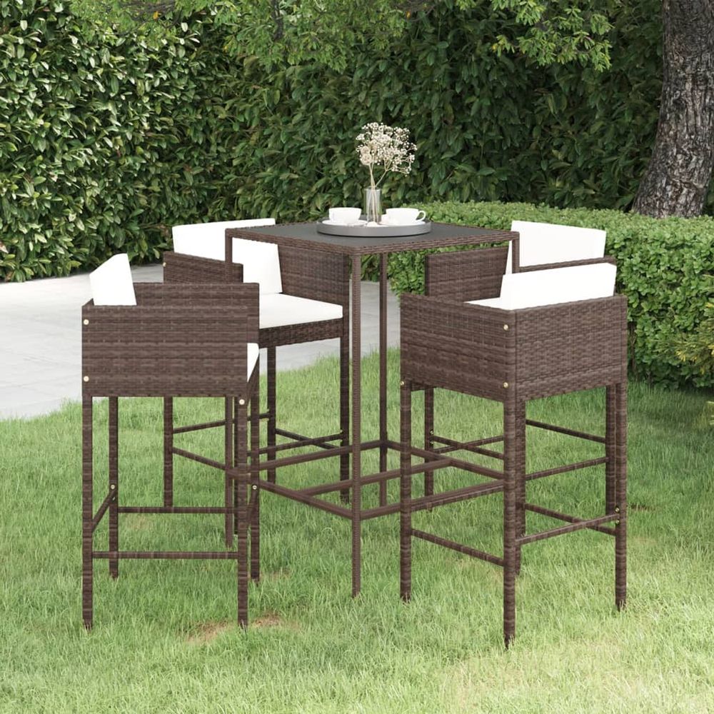 5 Piece Garden Bar Set with Cushions Poly Rattan Brown - anydaydirect