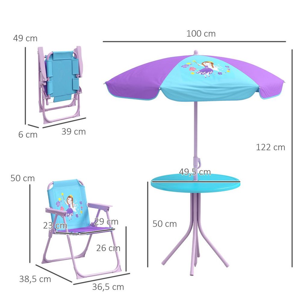 Outsunny Kids Bistro Table and Chair Set with Fairy Theme, Adjustable Parasol - anydaydirect