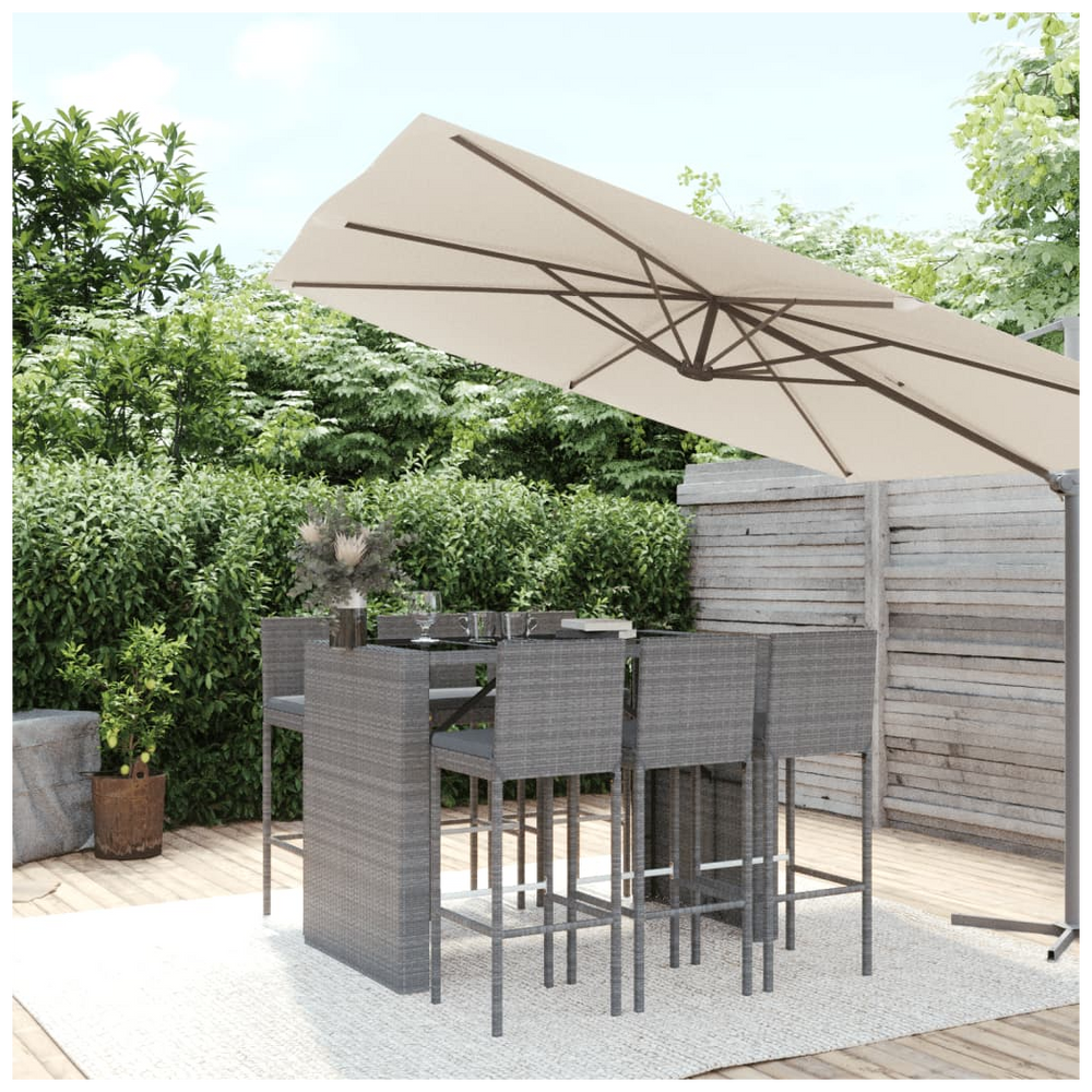 vidaXL 7 Piece Garden Bar Set with Cushions Grey Poly Rattan - anydaydirect