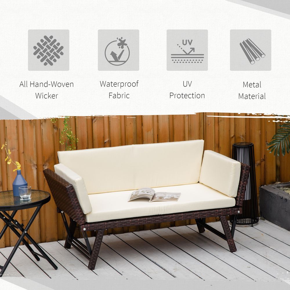 Outsunny 2-Seater 2-in-1 Rattan Convertible Sofa Daybed Brown - anydaydirect