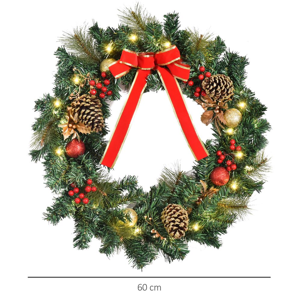 60cm Pre-Lit Artificial Christmas Door Wreath Holly LED Decor Pine Cones Hangin - anydaydirect