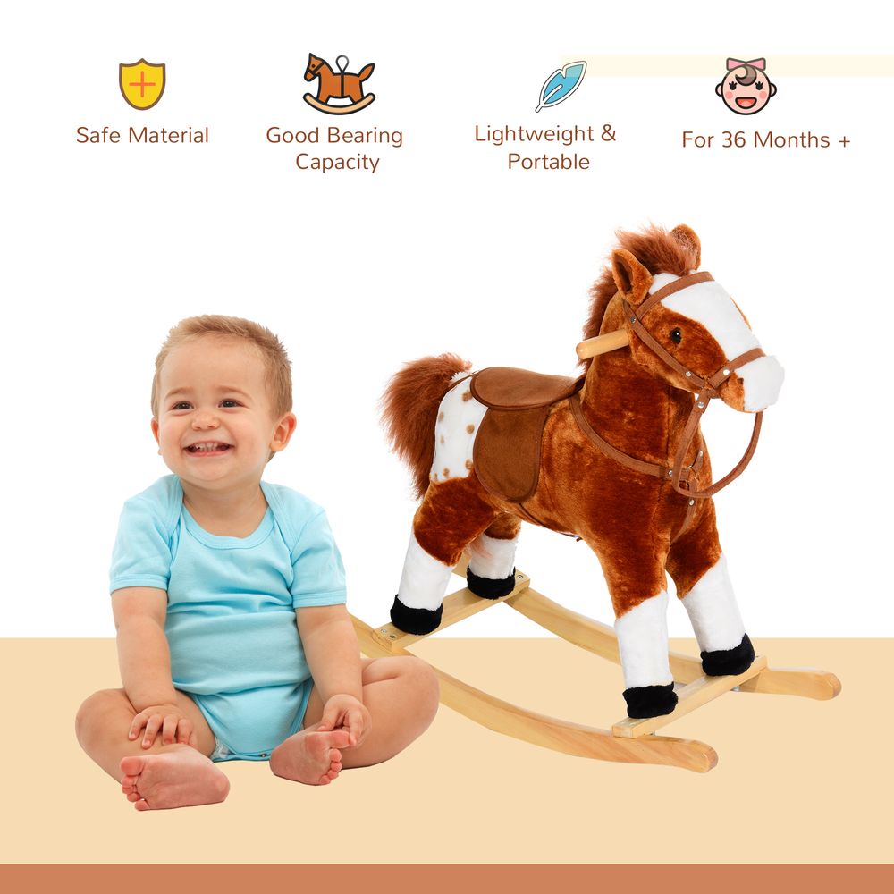 Rocking Horse Toy Plush Wood Pony Riding Rocker Neigh Sound Brown - anydaydirect