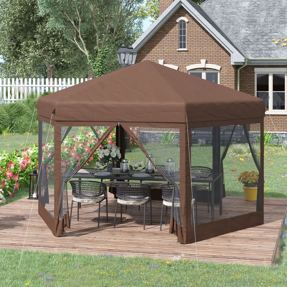 Hexagonal Garden Gazebo Shelter Adjustable with Mosquito Net Brown - anydaydirect