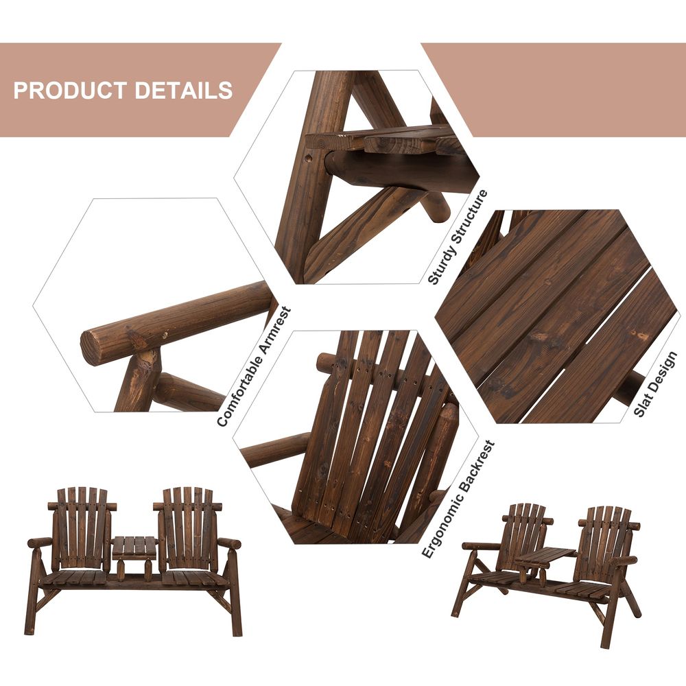 Wood Patio Chair Bench 2 Seats with Center Coffee Table, Garden Bench - anydaydirect