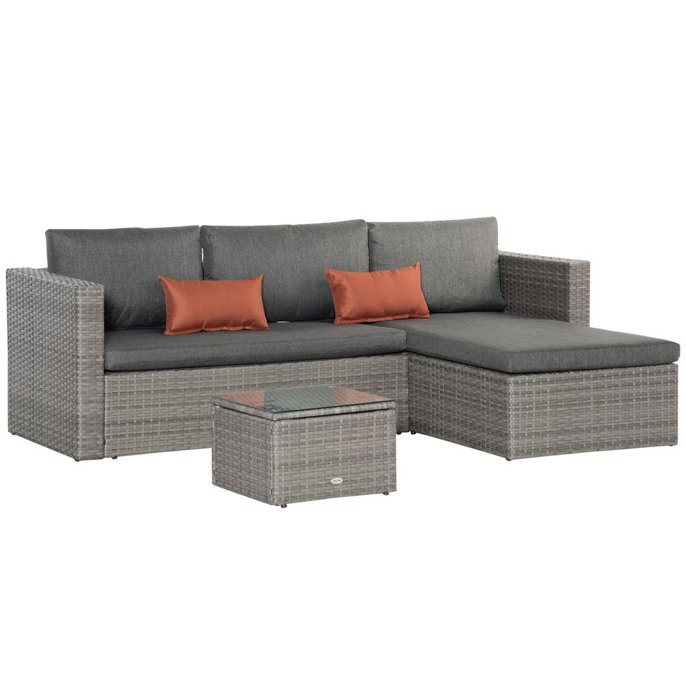 3 Pc PE Rattan Corner Sofa Set, w/ Tempered Glass Table-top & Soft Cushion Grey - anydaydirect