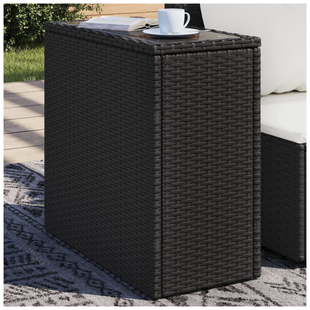 vidaXL Garden Side Table with Glass Top Black 58x27.5x55 cm Poly Rattan - anydaydirect