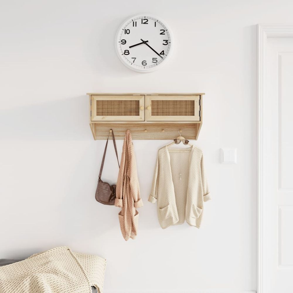 Wall-mounted Coat Rack White Engineered Wood and Natural Rattan - anydaydirect