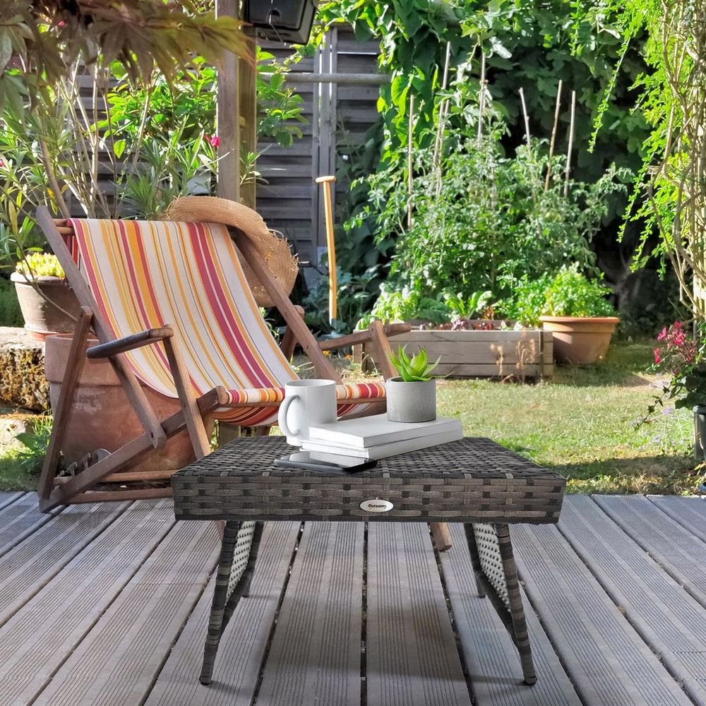 Outsunny Foldable Outdoor Coffee Table, Metal Frame Rattan Side Table, Grey - anydaydirect