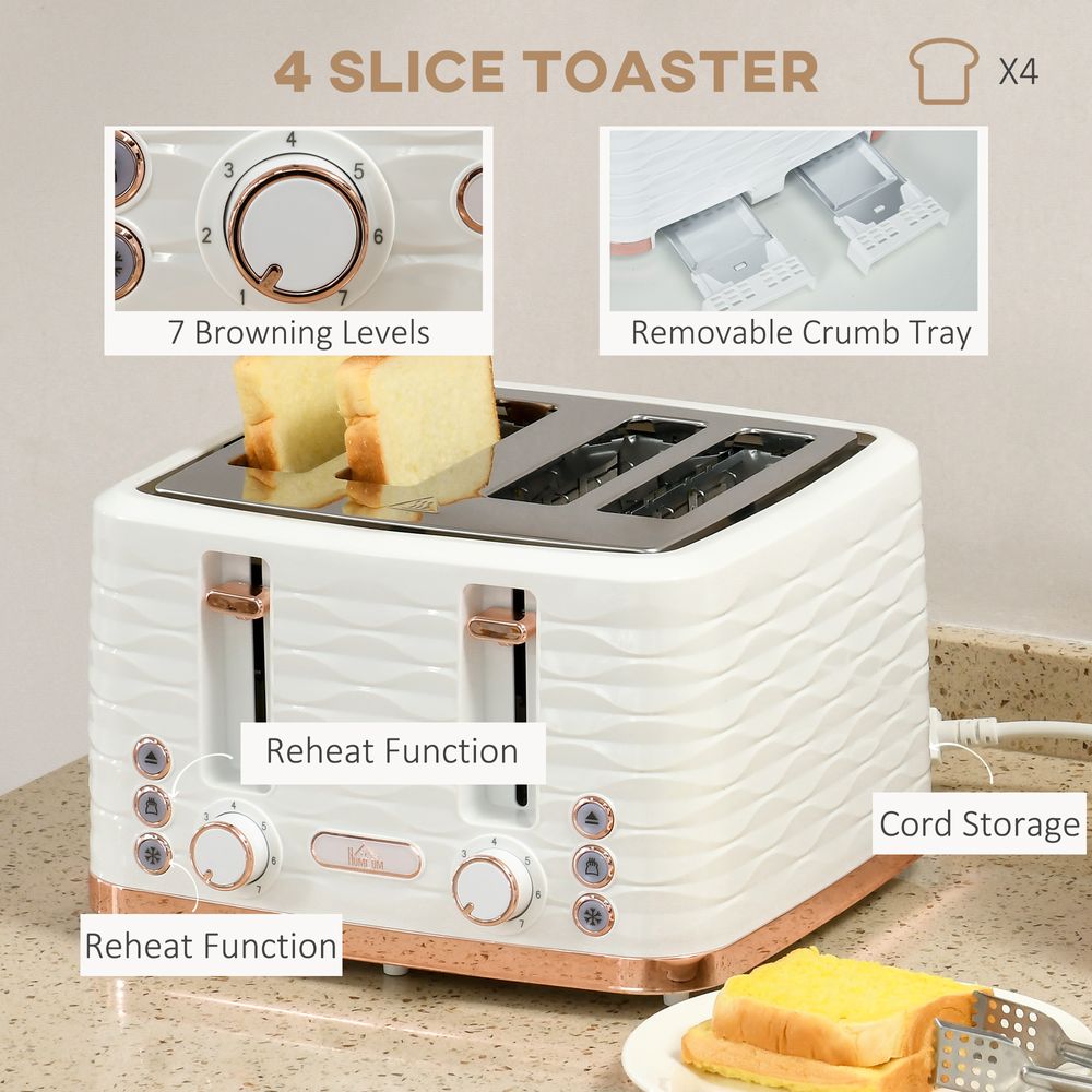 HOMCOM Kettle and Toaster Set 1.7L Rapid Boil Kettle & 4 Slice Toaster White - anydaydirect