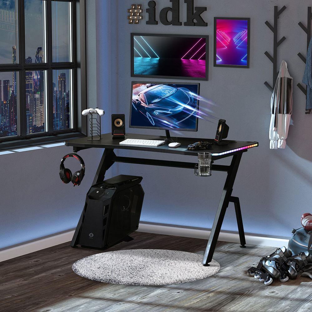 Gaming Desk Racing Ergonomic  Workstation with RGB LED Lights, Hook,  Black - anydaydirect