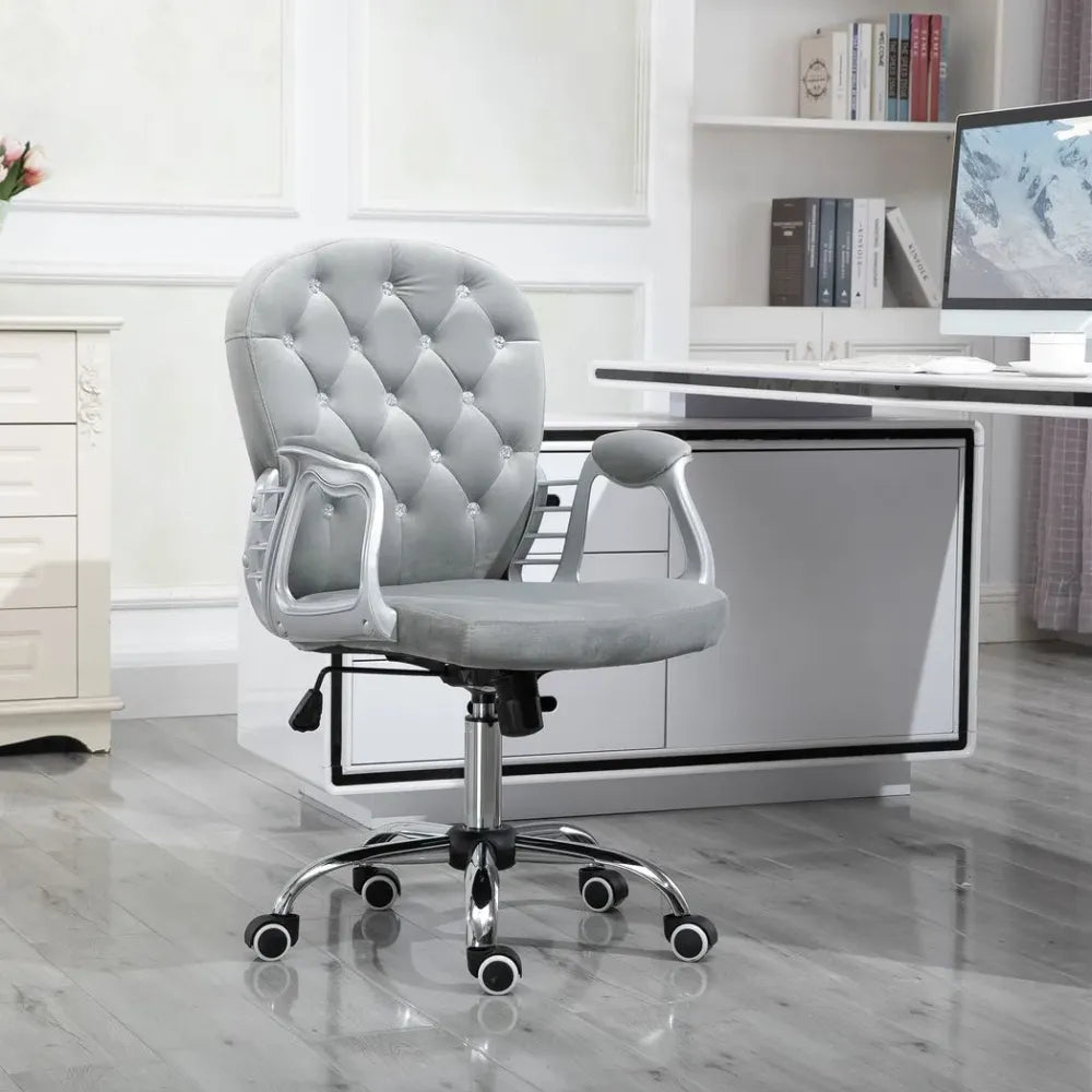 Office Chair Luxury Velour Diamond Tufted Padded Ergonomic 360 Swivel Grey - anydaydirect