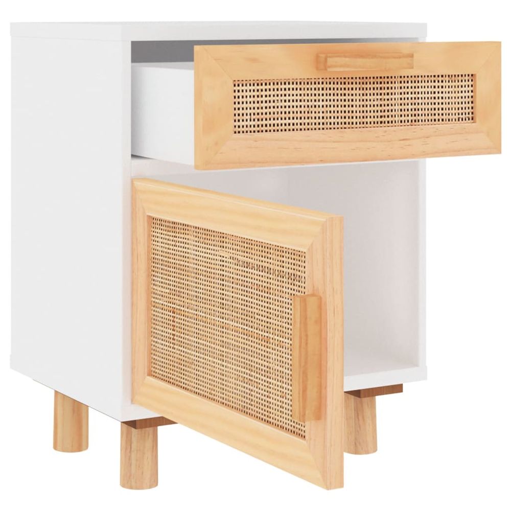 Bedside Cabinet White Solid Wood Pine and Natural Rattan - anydaydirect