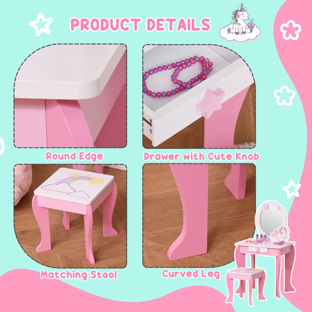 Kids Dressing Table, Girls Vanity Set w/ Mirror and Stool, Unicorn-Designed - anydaydirect