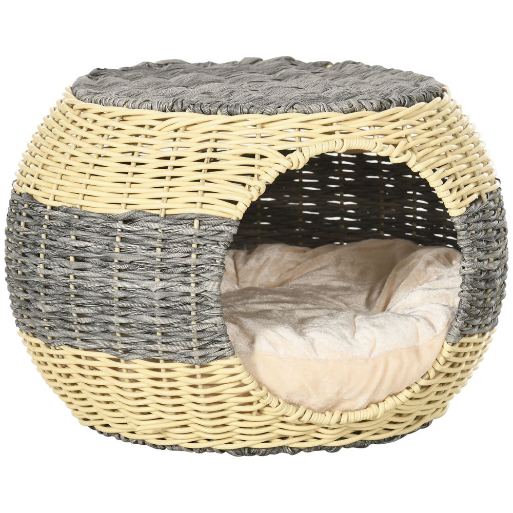 PawHut Wicker Cat House, Rattan Raised Cat Bed w/ Soft Cushion, 40 x 30cm - anydaydirect