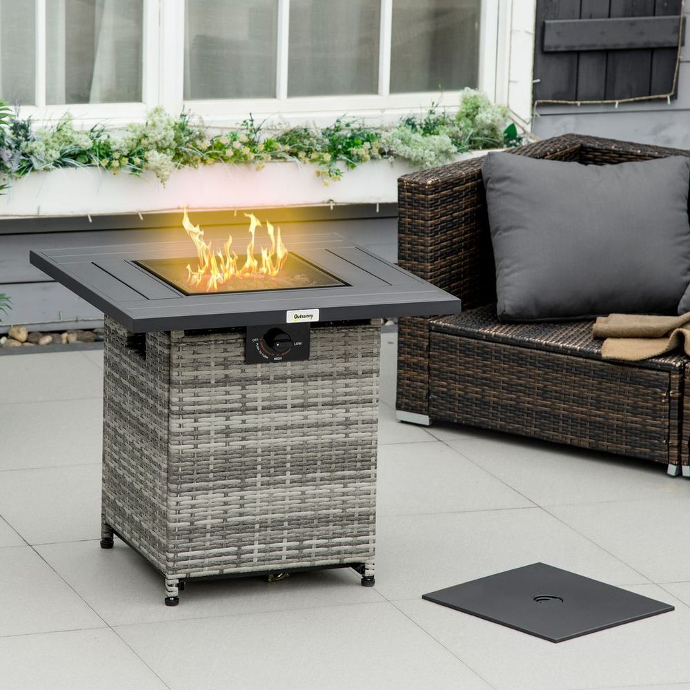 Outsunny Gas Fire Pit Table w/ Rain Cover, Mesh Lid & Lava Stone, 40,000 BTU - anydaydirect