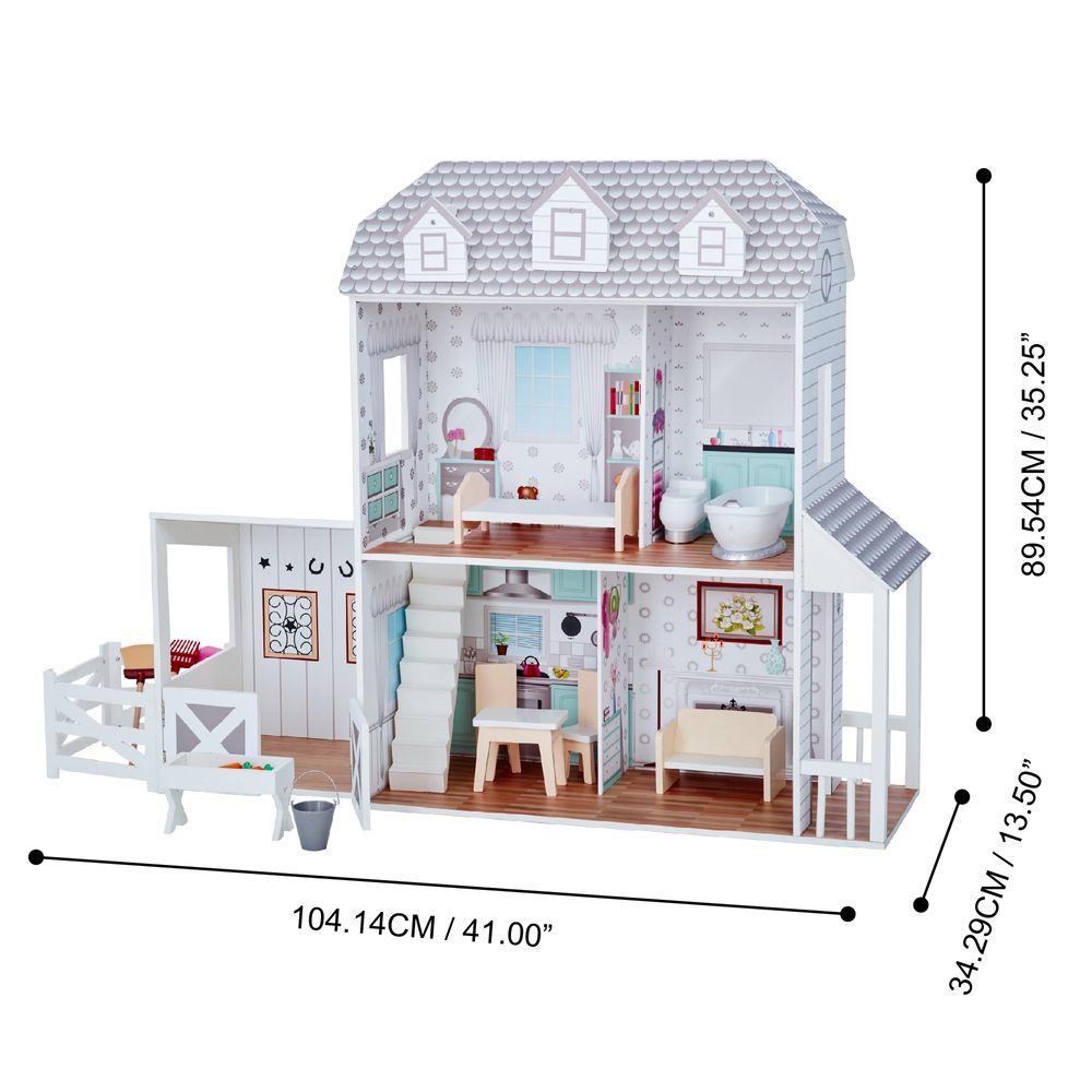 Olivia's Little World Large Kids Wooden Dolls House with Stable & 14 Accessories - anydaydirect
