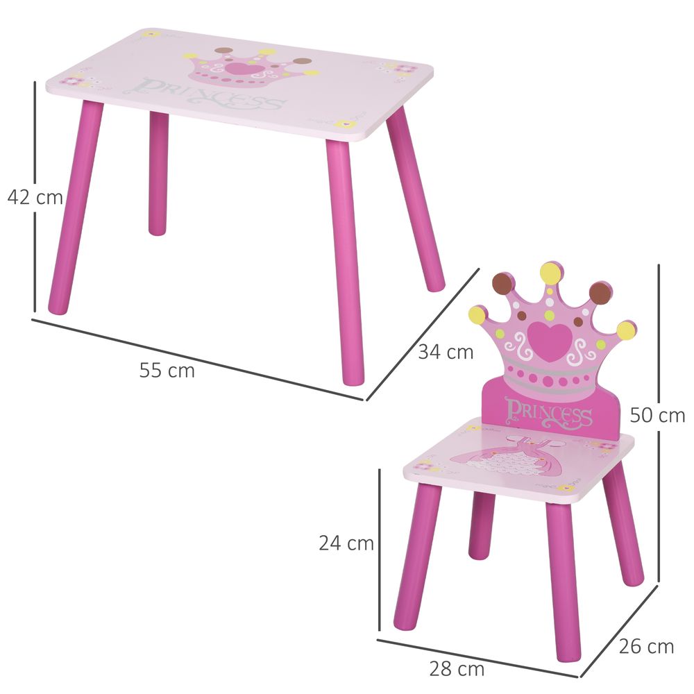 3 Pcs Kids Princess & Crown Chair Table Set Home Furniture 2-4 Yrs Pink HOMCOM - anydaydirect