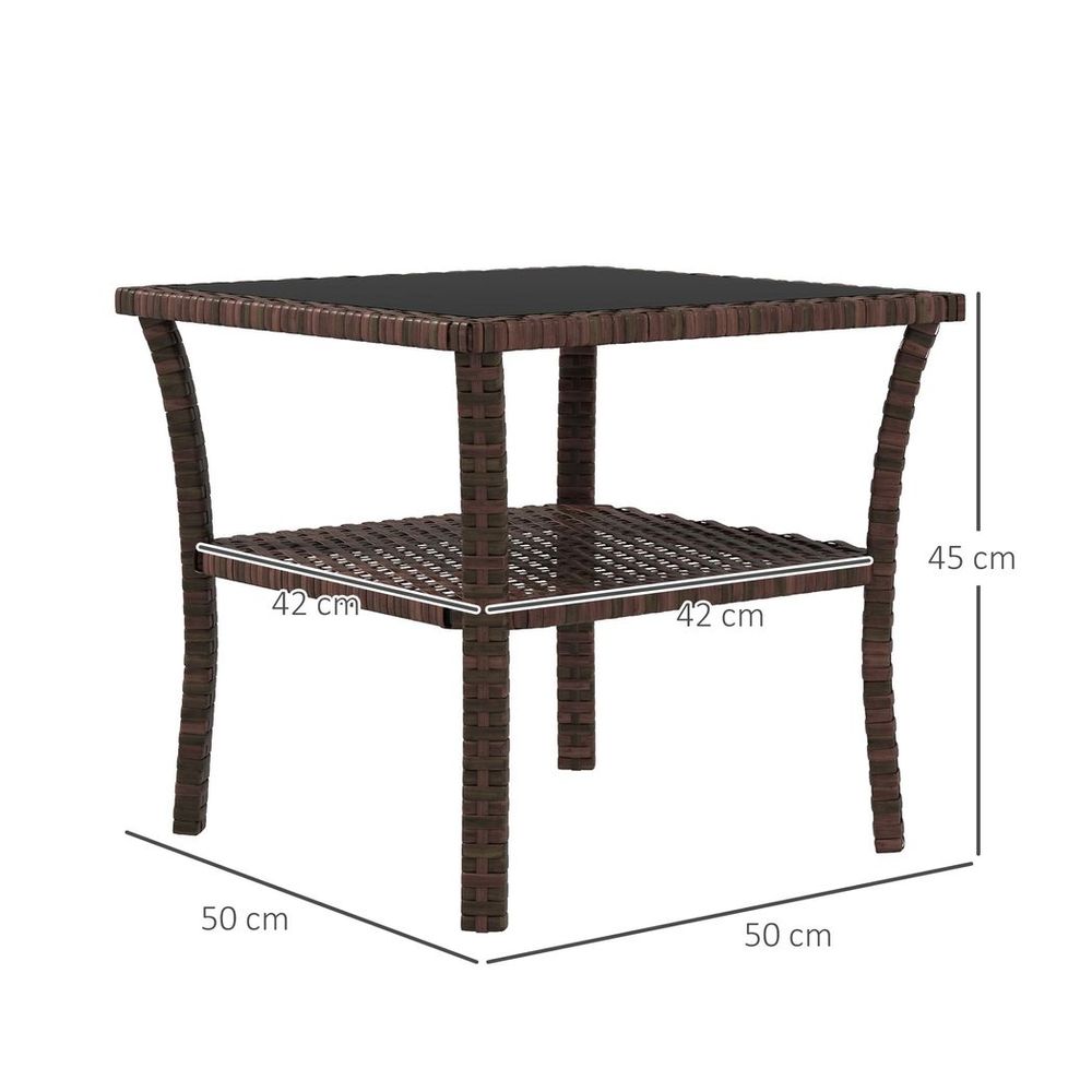 Outsunny PE Rattan Coffee Table, Two-tier Side Table with Glass Top, Brown - anydaydirect