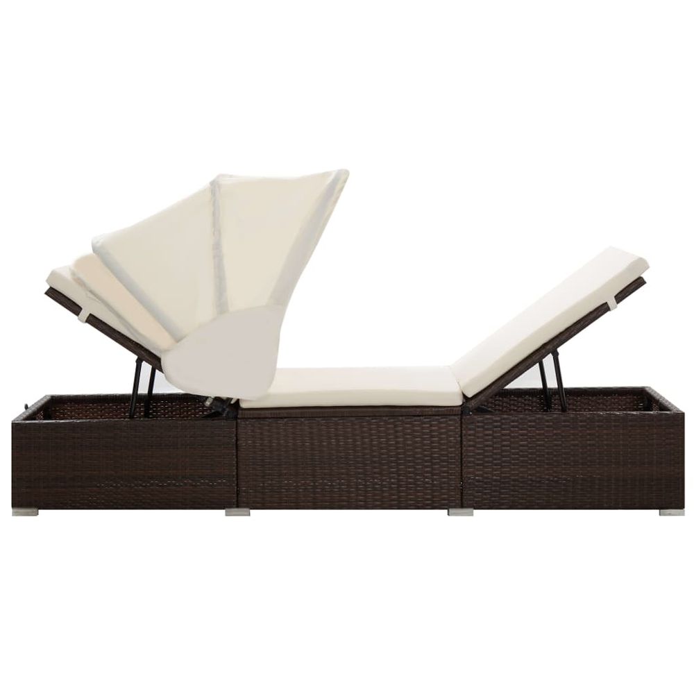 Sun Lounger with Canopy and Cushion Poly Rattan Brown - anydaydirect