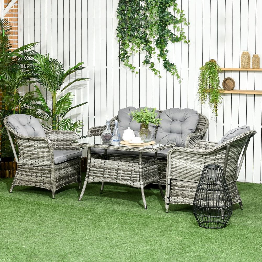 4 PCS Rattan Garden Furniture, Padded Conversation Sofa Set w/ Glass Top Table - anydaydirect