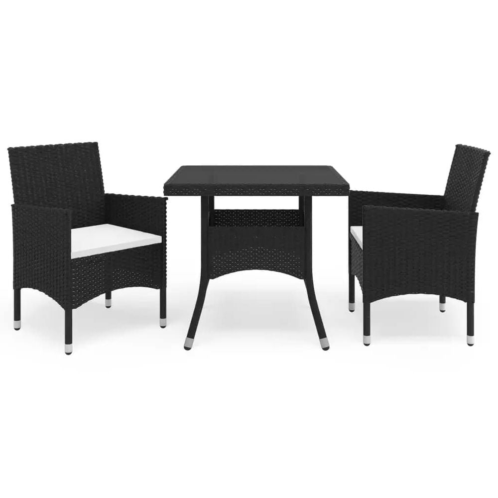 3 Piece Garden Dining Set Poly Rattan and Tempered Glass Black - anydaydirect