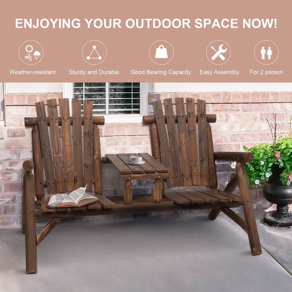 Wood Patio Chair Bench 2 Seats with Center Coffee Table, Garden Bench - anydaydirect