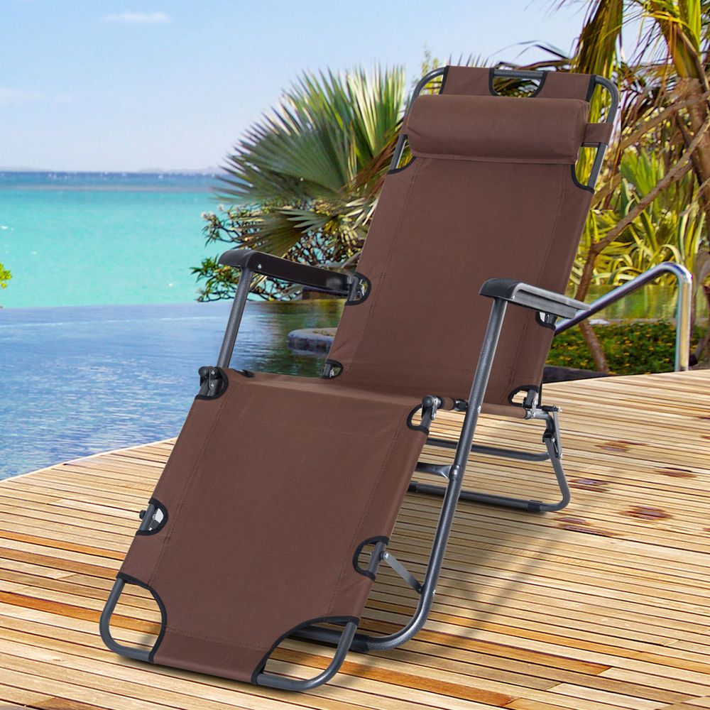 2 in 1 Outdoor Folding Sun Lounger Adjustable Back and Pillow Brown - anydaydirect