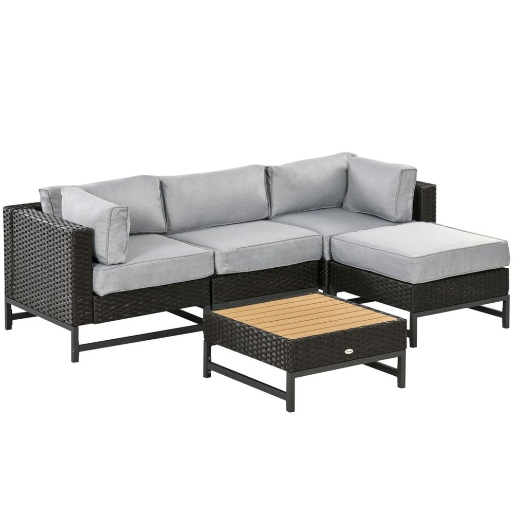 5 PCS Rattan Corner Sofa, Rattan Garden Furniture Wood Grain Plastic Top Table - anydaydirect