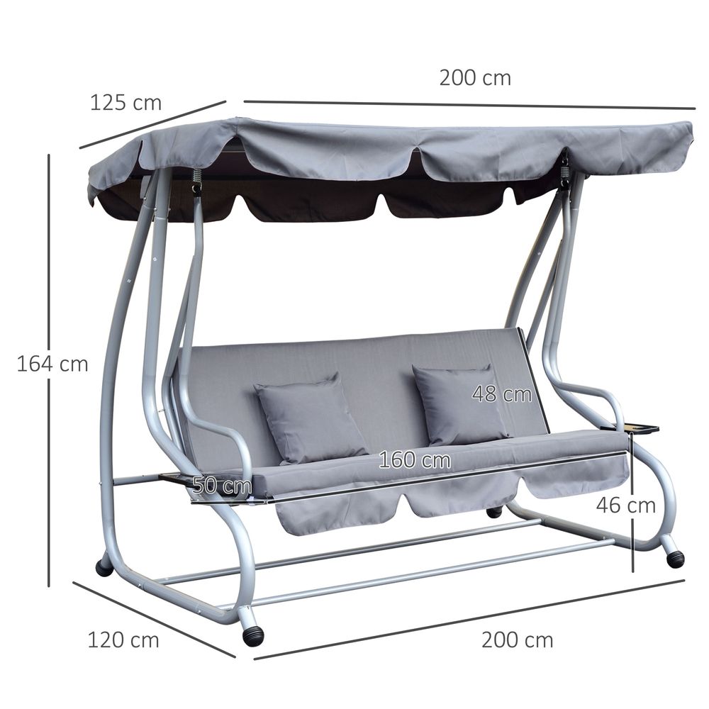 Outsunny 3-Seater Garden Swing Chair Luxury W/2 Free Pillows-Grey - anydaydirect