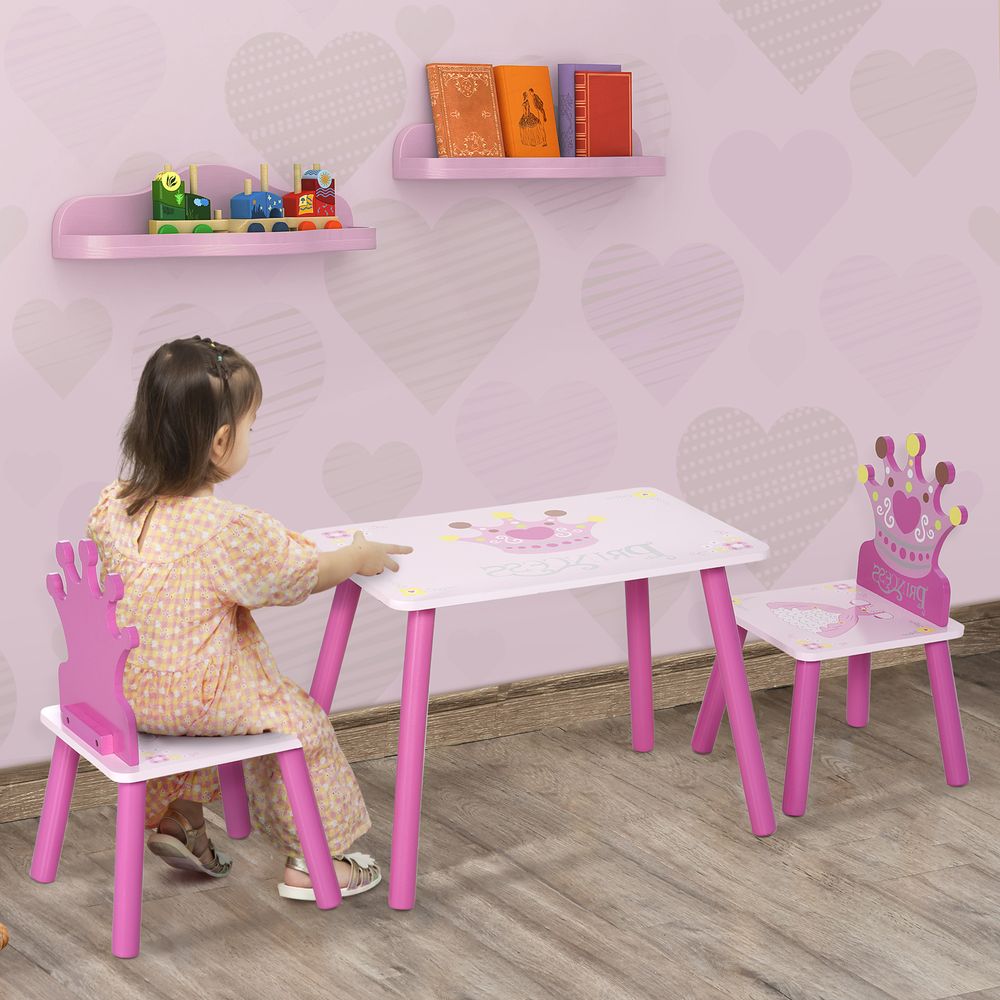 3 Pcs Kids Princess & Crown Chair Table Set Home Furniture 2-4 Yrs Pink HOMCOM - anydaydirect