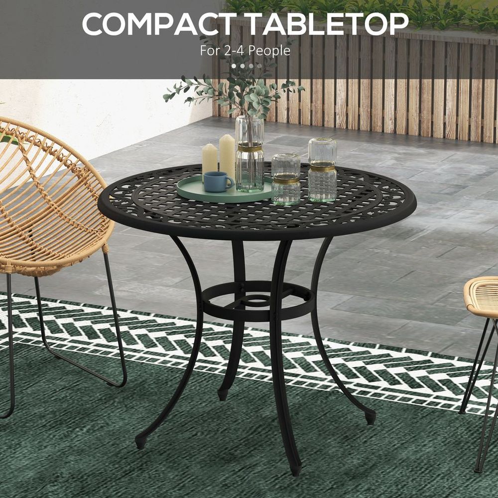 Outsunny Garden Table with Parasol Hole for 2-4, Cast Aluminium Frame - Black - anydaydirect